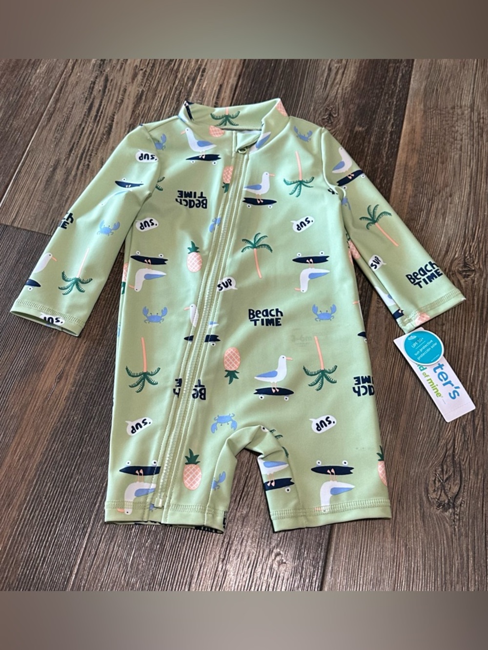 Carters baby boy 1-piece long sleeve rashguard swim suit 3-6 mo UPF 50+ beach